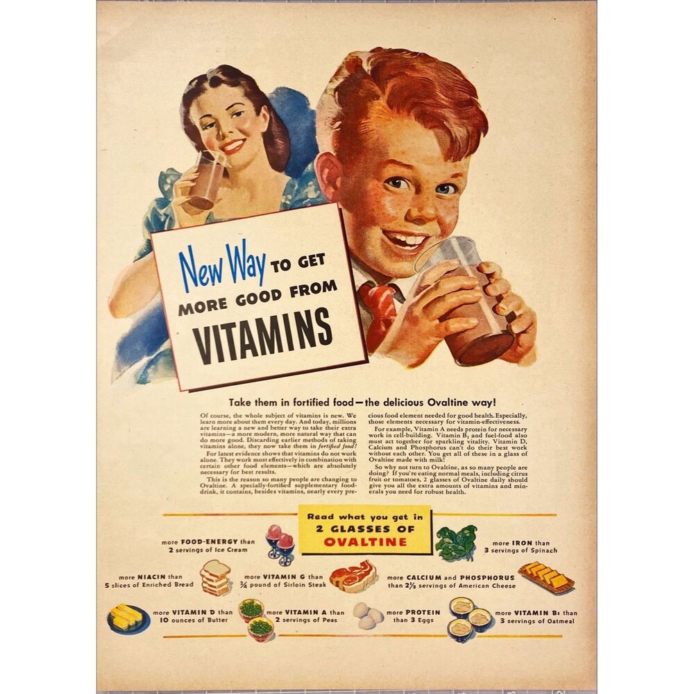Ovaltine "New Way to get more good from Vitamins" Vintage Print Ad 1946